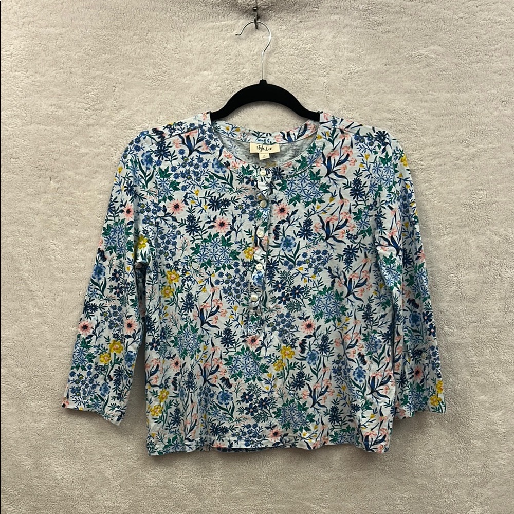 Style & Co. Blue Pink Boxy Blouse with Mandarin Collar